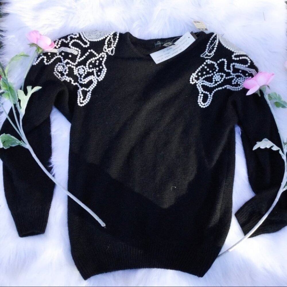 NWT Work in Progress Black Medium White Pearl Sweater Vintage Audrey Hepburn